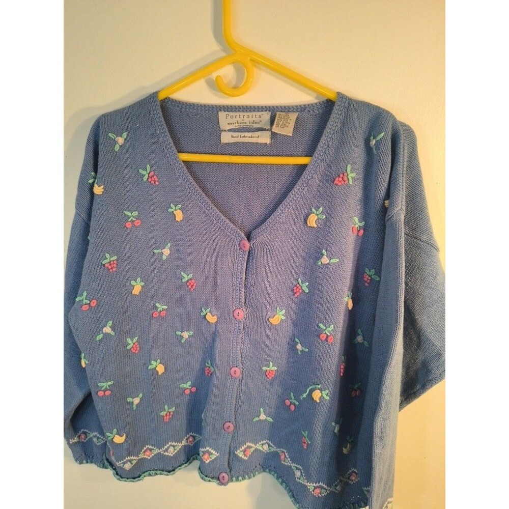 Vintage Portraits Northern Isles Cardigan Large Blue Embroidered Fruit Sweater L